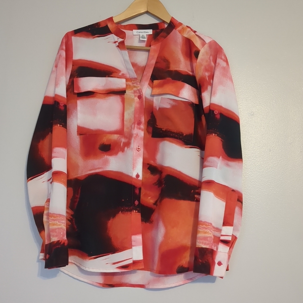 Calvin Klein Blouse Womens Small Orange Red and Black Abstract Sheer Button Up